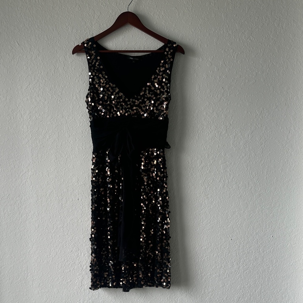 BCBGMaxAzria Black Dress with Rose-Gold Sequins and Chiffon Sash